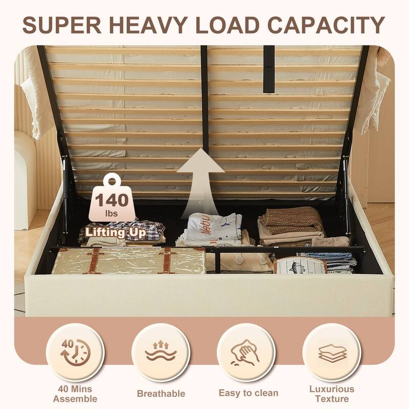 Linen Wingback Hydraulic Lift Up Storage Upholstered Platform Bed