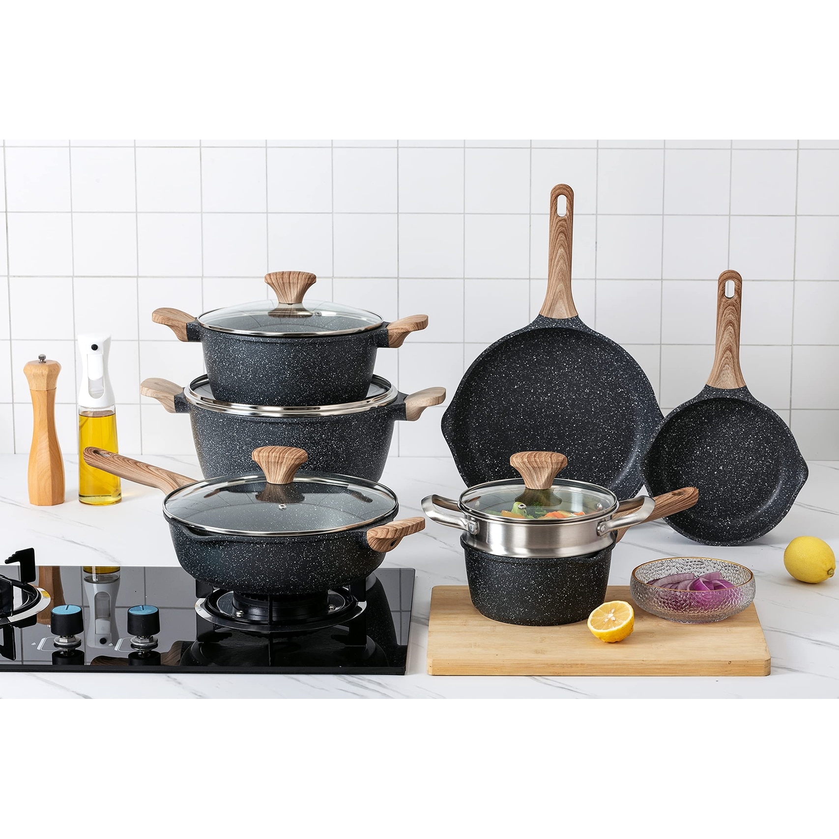 Nonstick Induction Cookware Sets - 13 Piece Nonstick Cast Aluminum Pots and  Pans
