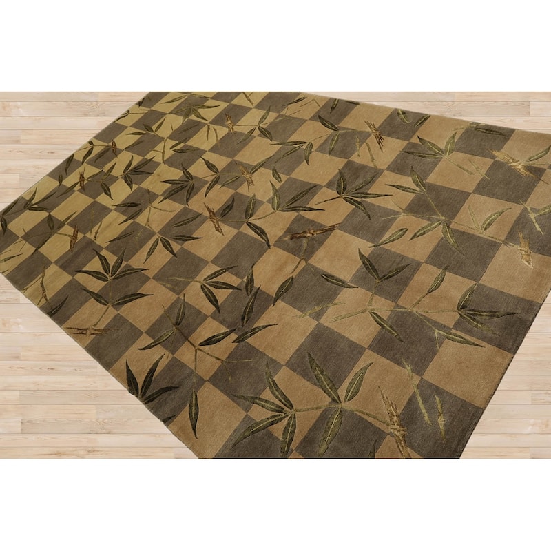 Hand Knotted Tibetan Green Floral Wool Transitional Oriental Area Rug - 6' x 9' 2''
