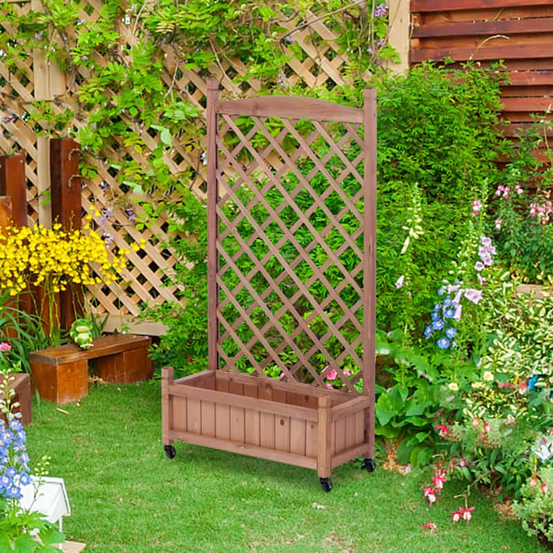 Raised Garden Bed with Trellis 2 Pack, Outdoor Wooden Planter Box & Plant Stand with Climbing Racks