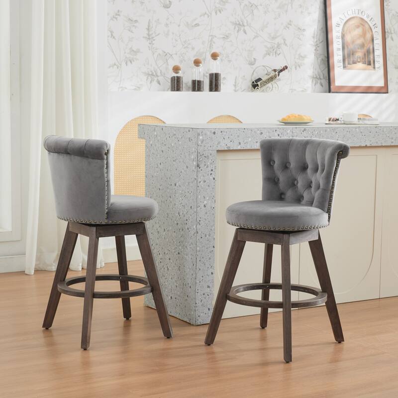 Velvet Upholstered Counter Height Bar Stools Set of 2, Tufted Button Swivel Bar Stools, Kitchen Counter Stools with Wood Legs