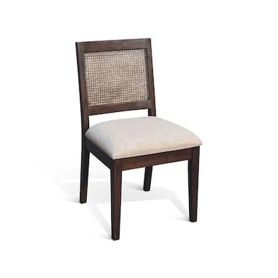 Zemi Dining Chair Set of 2, Rattan Back, Beige, Dark Brown Solid Wood