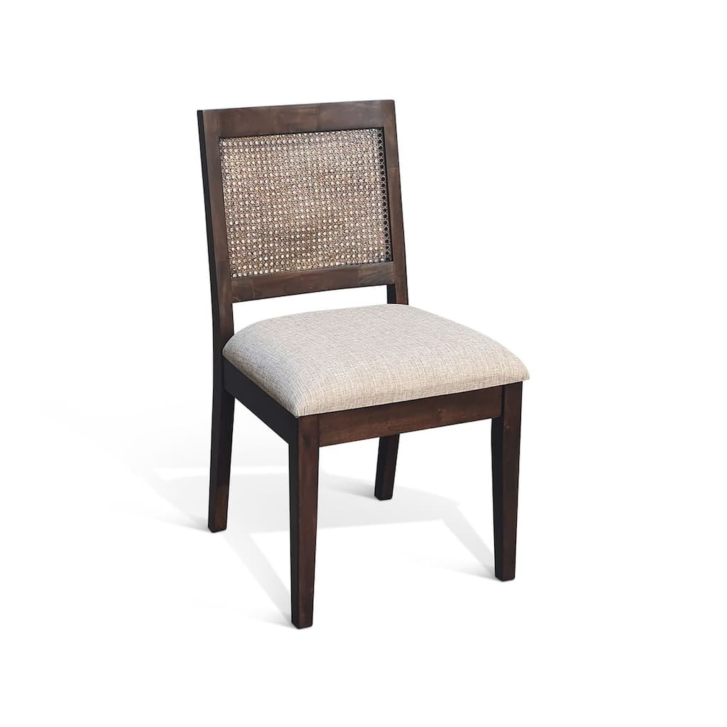 Zemi Dining Chair Set of 2, Rattan Back, Beige, Dark Brown Solid Wood