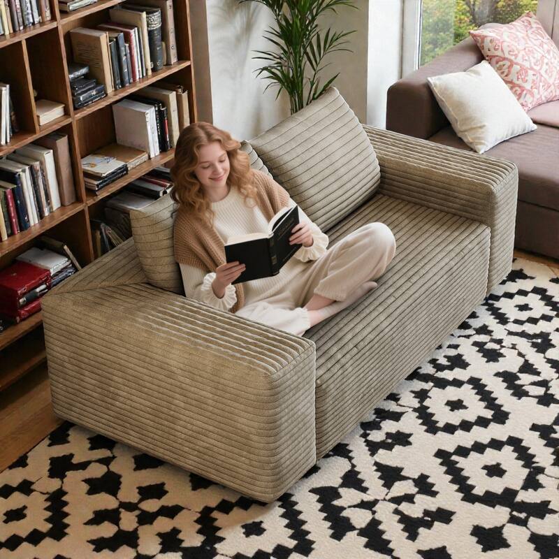 63" Corduroy 2-Seater Sofa, Deep Seat Comfy Loveseat Couch, No-Assembly Soft Fabric Sofa for Living Room & Apartments