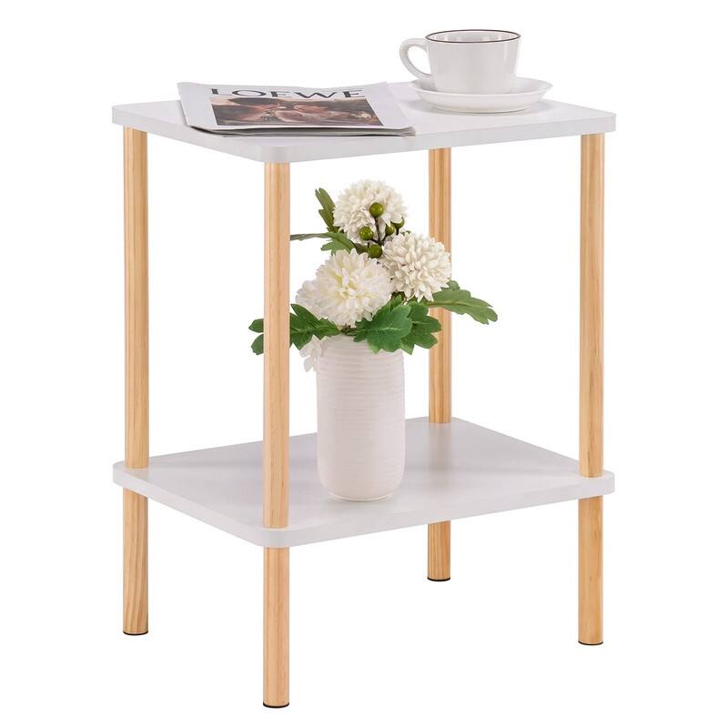 2 Tier End Table, Small Side Table with Solid Wood Legs -  2 Tier-a-white+natural - 1 Pack