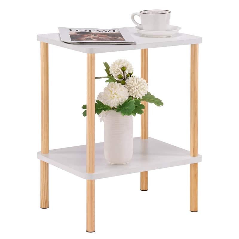 2 Tier End Table, Small Side Table with Solid Wood Legs