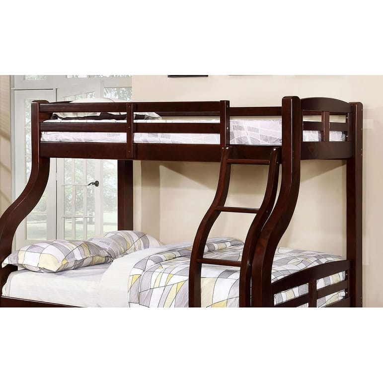 Twin Over Full Bunk Bed, Espresso Finish, Attached Curved Ladder, Sturdy Design