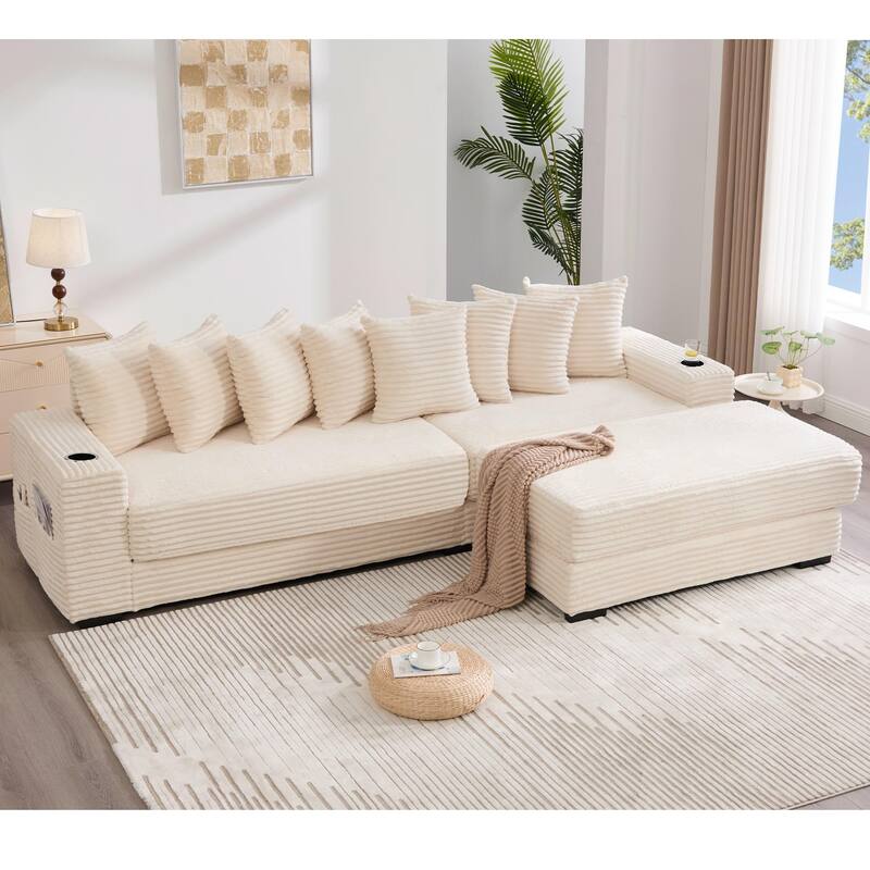 110.75" Corduroy Sectional Sofa, Convertible Sleeper Sofa Bed L-Shaped Upholstered Couch with Removable Footstool, Cup Holder