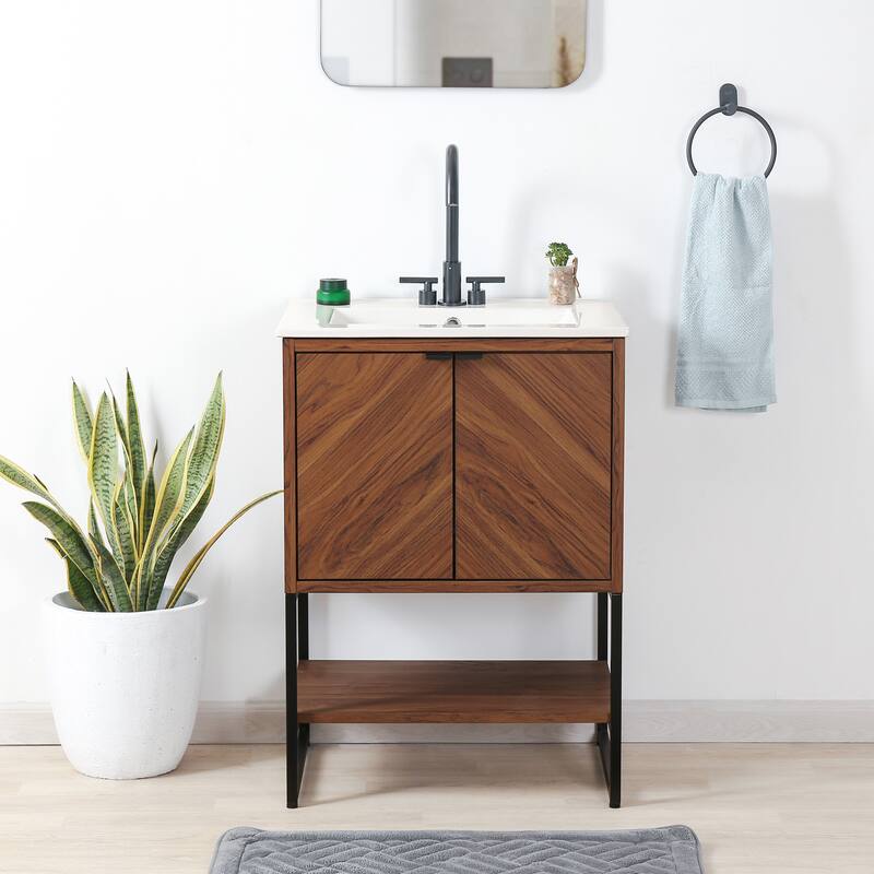 Juhl Chevron-Front Modern Minimalist 2-Shelf Bath Vanity Cabinet Only (Sink Basin Not Included), By JONATHAN Y - Walnut - 23.5"W x 18"D x 33"H