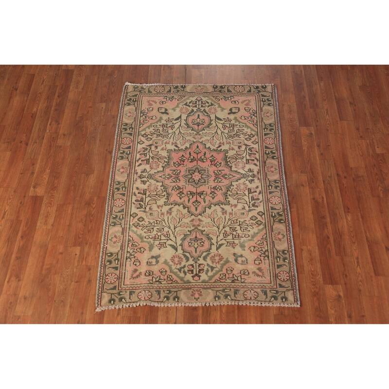 Pink & Beige Floral Tabriz Persian Foyer Rug Handmade Wool Carpet - 3'3"x 4'10"