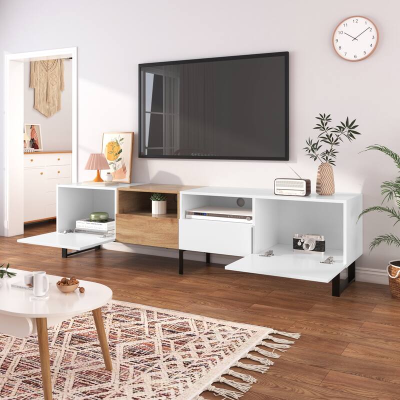 Sleek TV Stand with 2 Drawers & 2 Cabinets for 85" TVs, Entertainment Center with Drop-Down Door