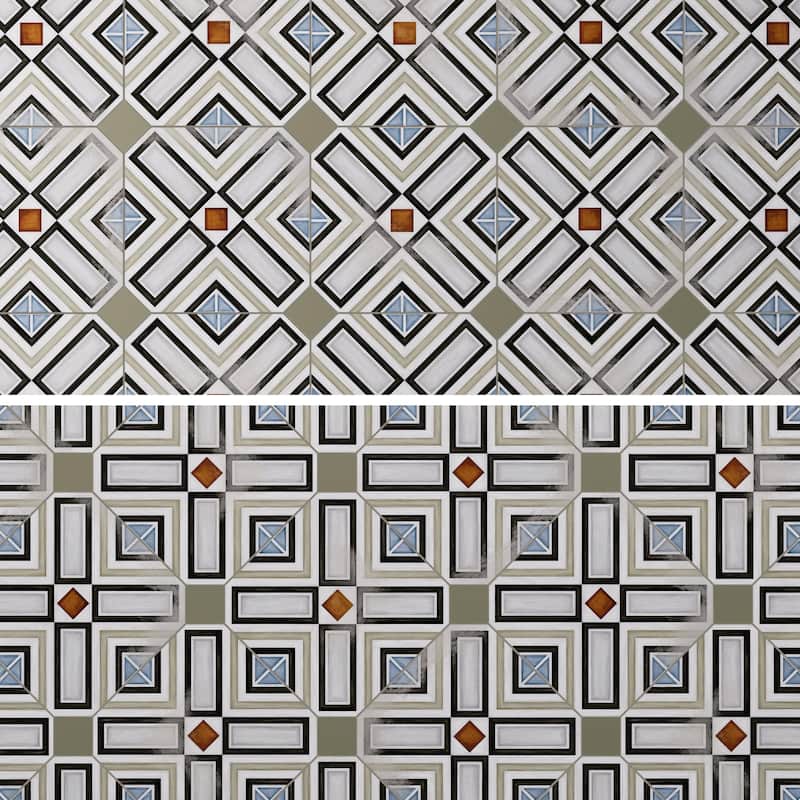 Merola Tile Vaudeville Octagon Deco Ritter with Taco Oliva 7-7/8" x 7-7/8" Porcelain Floor and Wall Tile