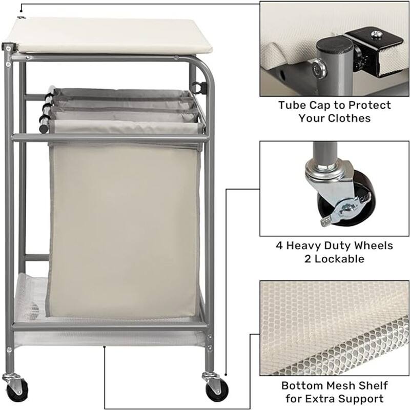 Laundry Sorter Cart Heavy Duty 3 Bags Classic Rolling Side pull Laundry Hamper Sorter - 17.32"D x 28.35"W x 30.31"H
