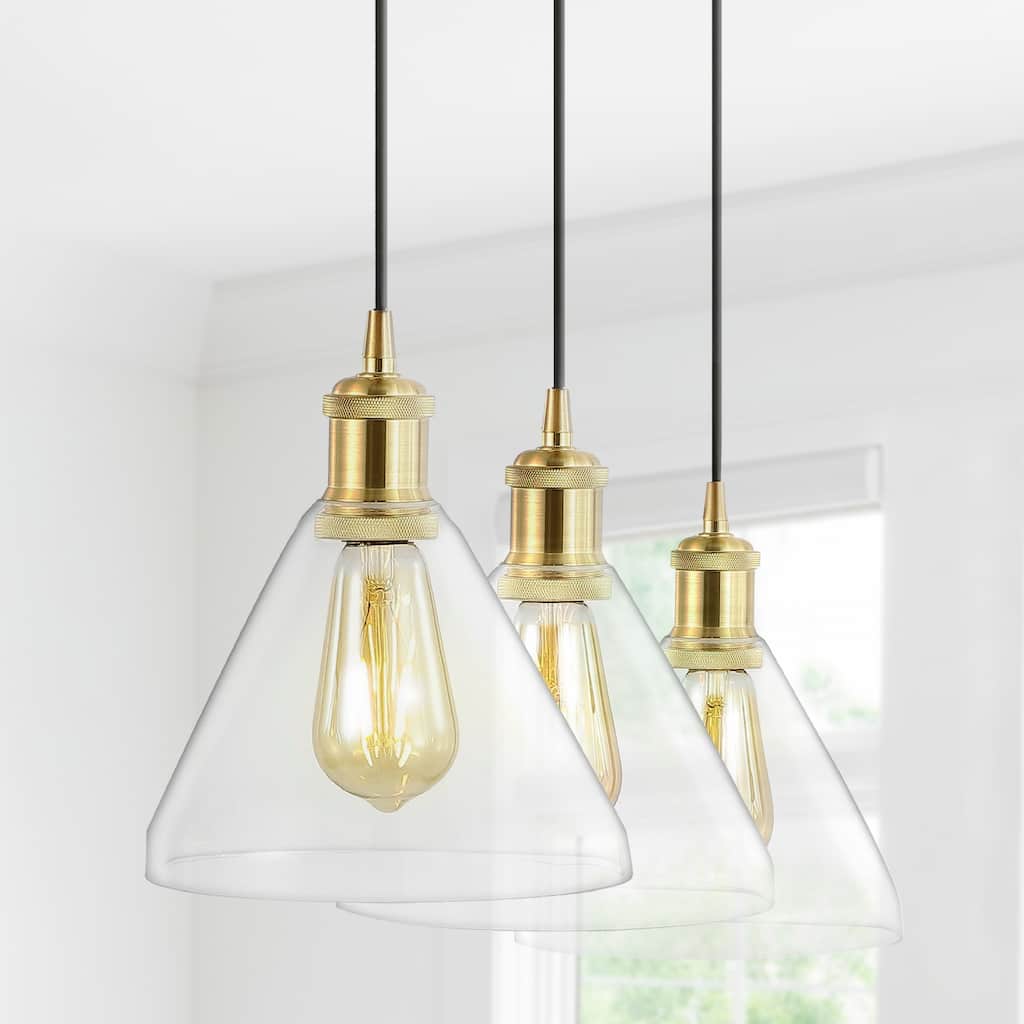 Kiawah Island 30.5" 3-Light Metal/Glass Contemporary Modern LED Pendant, Brass Gold/Black by JONATHAN Y