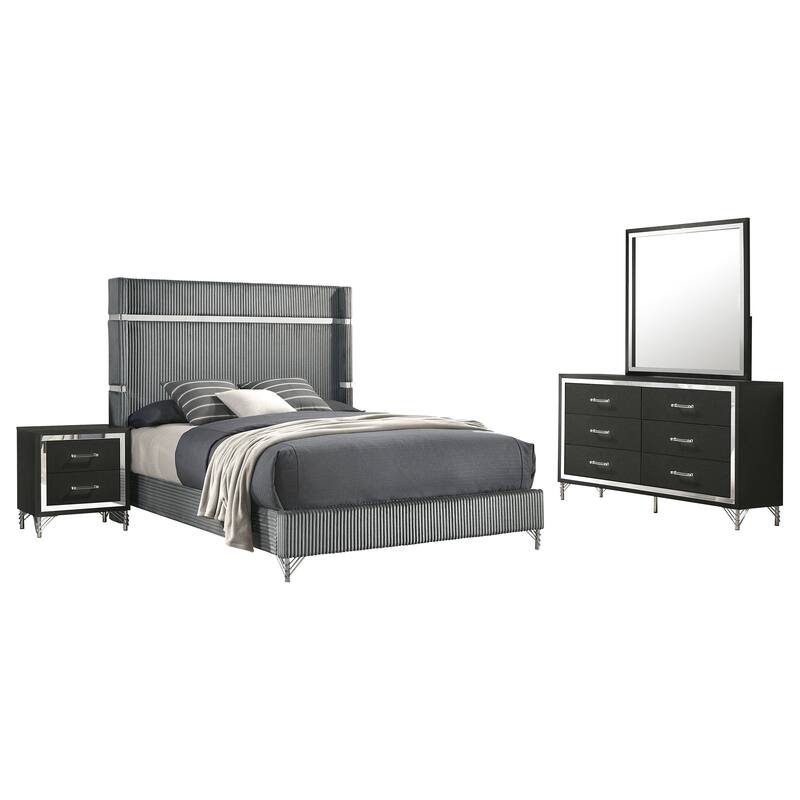 Jenny 4pc Queen Size Bed Set, Gray Velvet Upholstery, Chrome, Black
