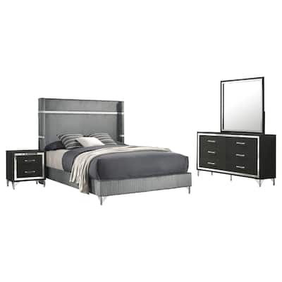Jenny 4pc Queen Size Bed Set, Gray Velvet Upholstery, Chrome, Black