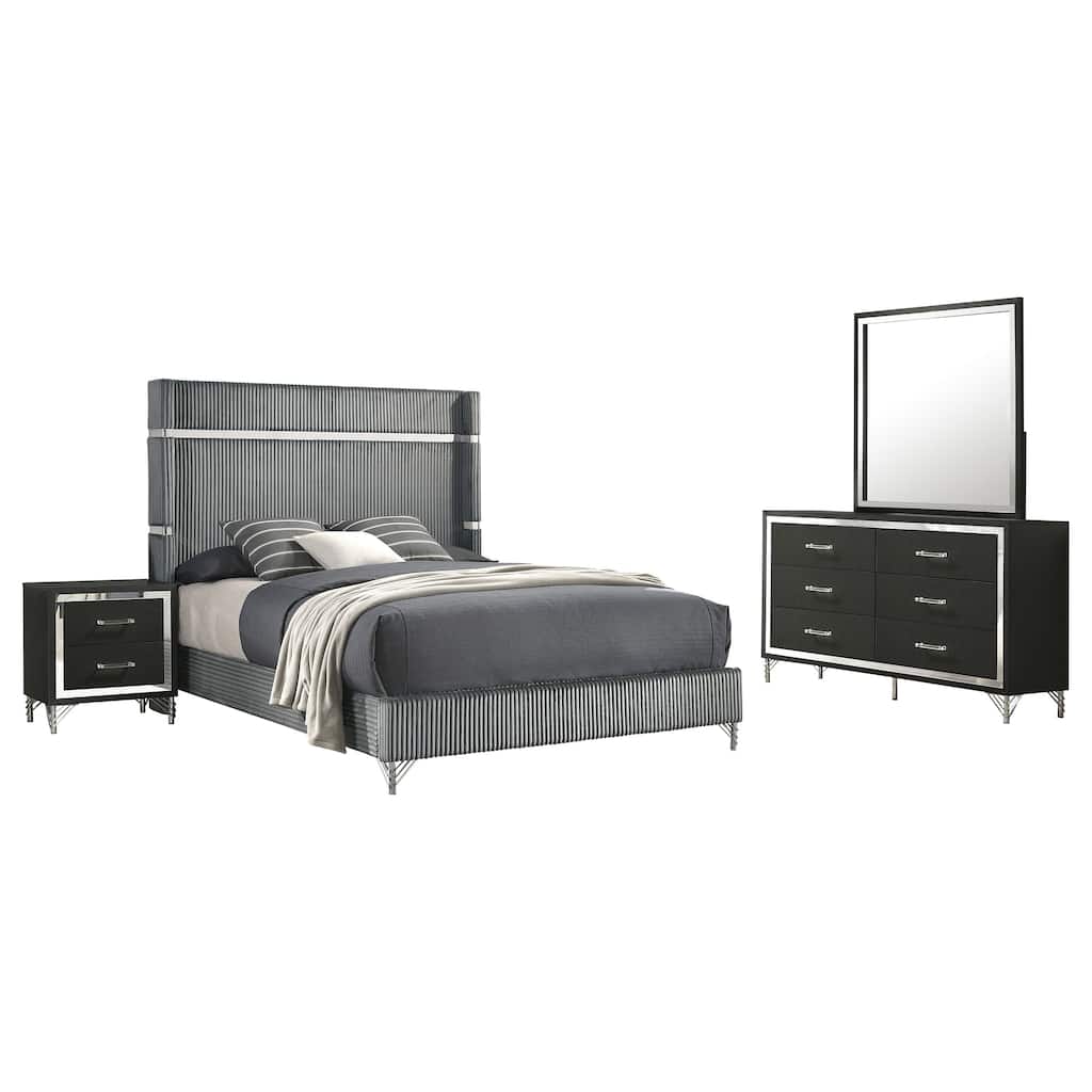 Jenny 4pc Queen Size Bed Set, Gray Velvet Upholstery, Chrome, Black