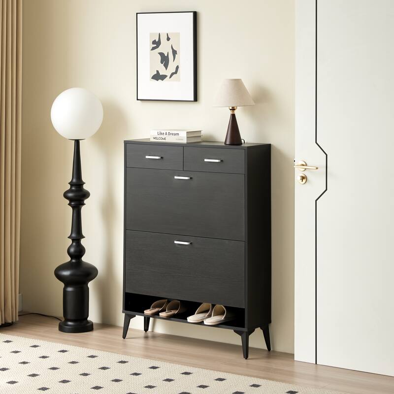 Modern Tipping Bucket Shoe Rack Organizer Cabinet with Adjustable Shelves, Flip Drawers, for Bedroom, Mudroom, Hallway, Porch