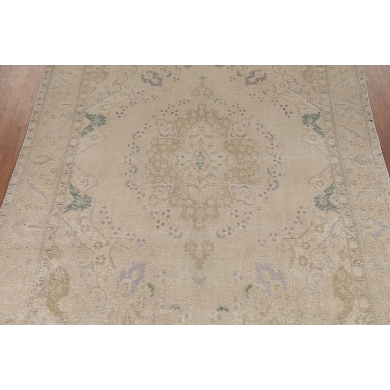 Beige Tabriz Persian Vintage Area Rug Handmade Wool Carpet - 9'1"x 13'2"