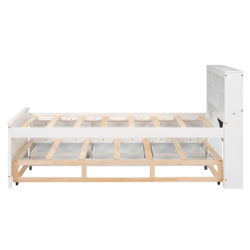 Platform Bed with Storage Headboard, USB, Twin Size Trundle and 3 Drawers