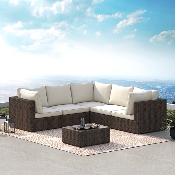 Corvus Tierney Outdoor 6-piece Aluminum Wicker Sectional Sofa Set. Opens flyout.