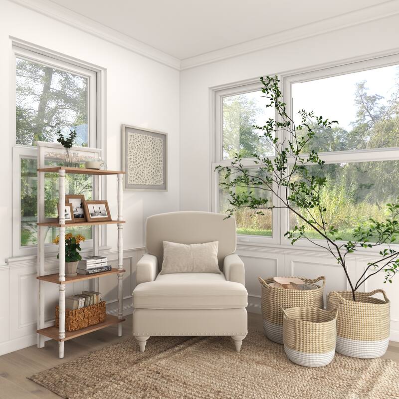 White Wood Intricately Carved 4 Shelves Floral Shelving Unit