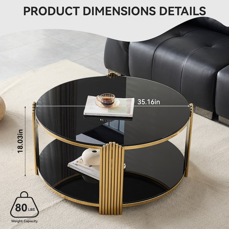 35 Inch Modern Round Coffee Table with Double Layer Black Glass and Gold Stainless Steel Frame, Easy Assembly