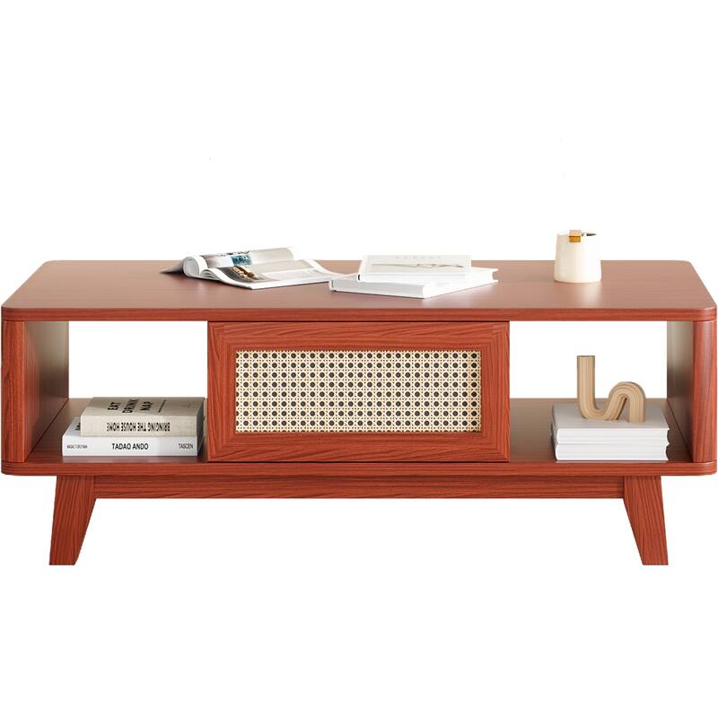 Mid Century Coffee Table with Storage, Modern Square with Rattan Drawer, Wooden Living Room Table with Solid Wood Leg - Cherry