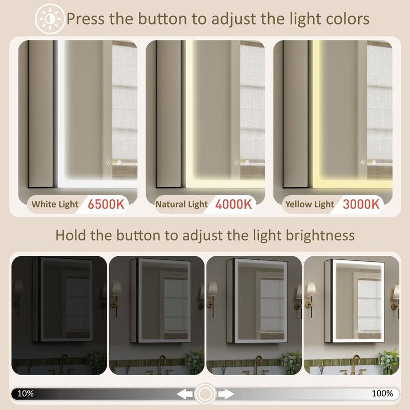 Grand Aluminum Medicine Cabinet with Mirror, Adjustable Shelves, Dimmable Light, Anti-Fog, Recessed or Wall Mount