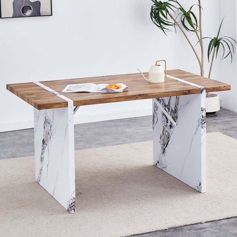 Natural Wood Grain Mdf Dining Table,Wood Textured Desktop,Marble Patterned Table Legs