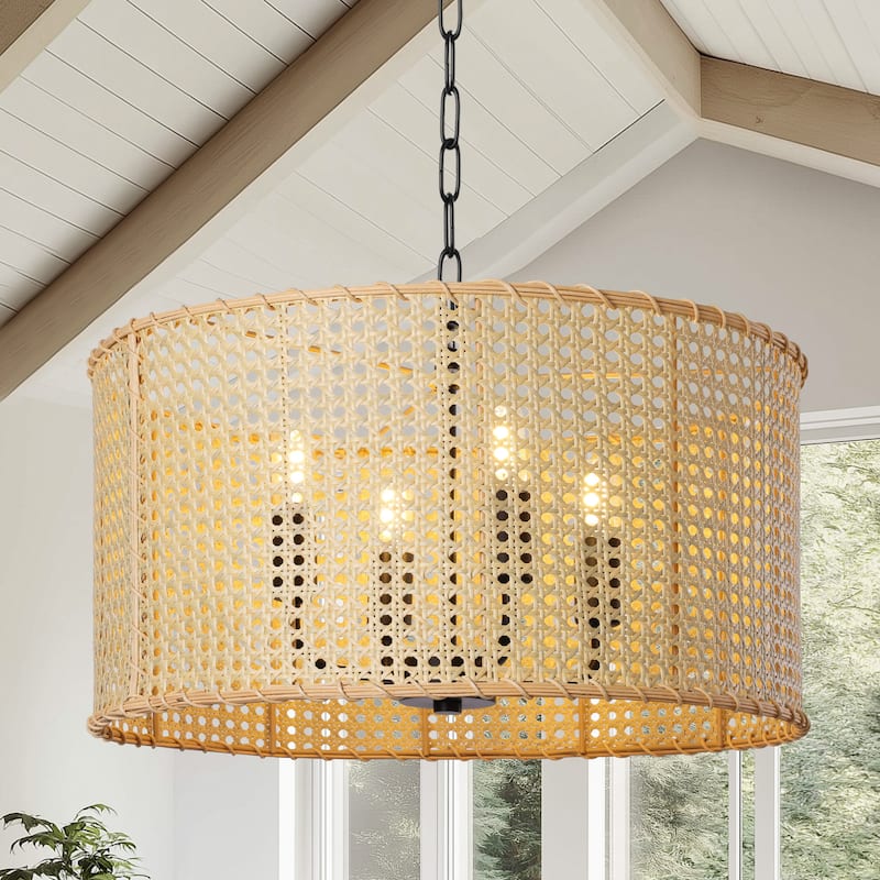 4-Light Dimmable Bohemian Hand Woven Drum Chandelier - 17.7"