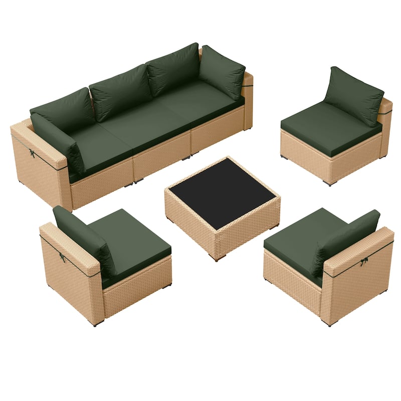 Patio Watcher 7-Piece Patio Yellow Wicker Sectional Seating Group with Cusions and Side Table