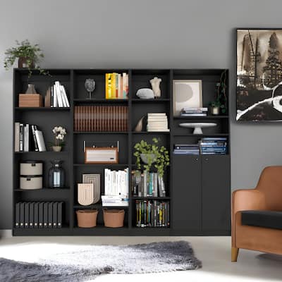 71inch Black Four Tier Bookcase with Two Doors