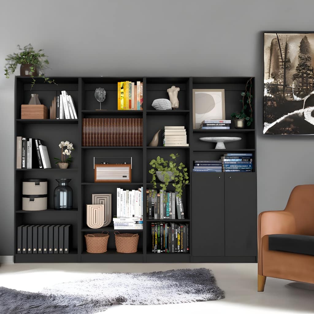 71inch Black Four Tier Bookcase with Two Doors