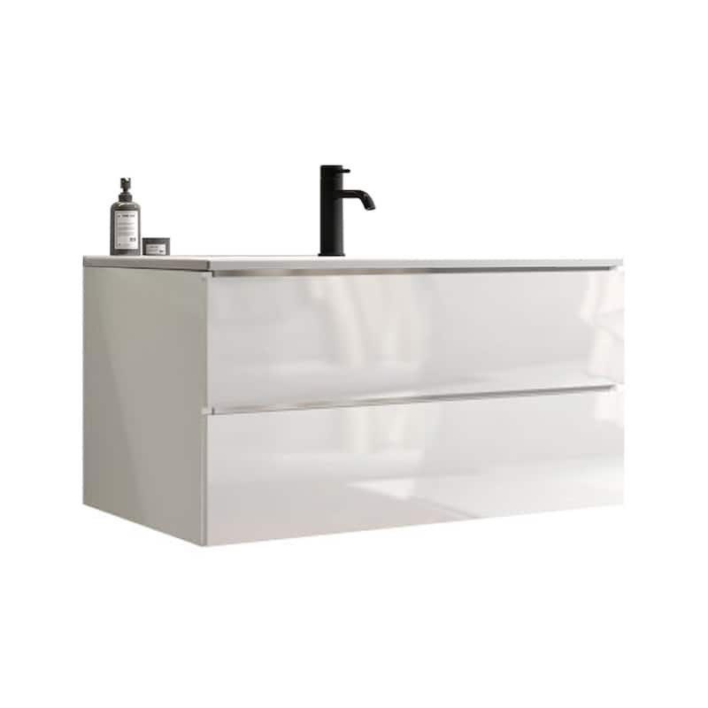 GDFStudio - Tia Wall-Mounted Bathroom Vanity with Ceramic Sink, Soft Close Drawers & U-Shaped Drainage