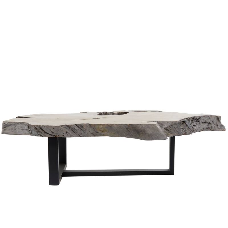 Teak Wood Handmade Live Edge Wood Slab Coffee Table with Black T Stand Base - Gray - Roche River Decor - 32"Wx50"Lx15"H