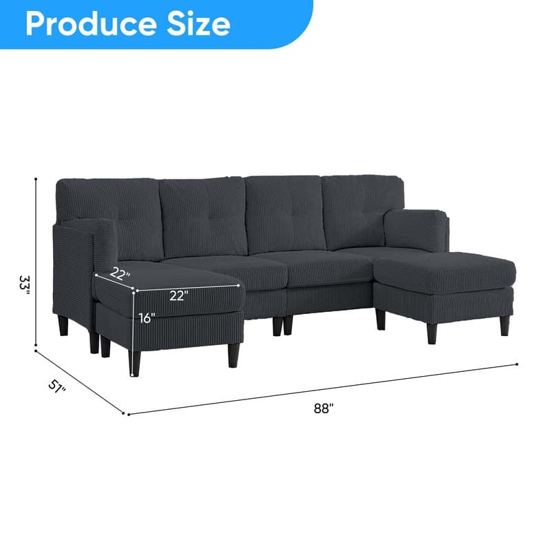 Mixoy Corduroy U-Shape Modular Convertible Sectional Sofa,Upholstered 4-Seater Sofa Couch with Movable Ottoman
