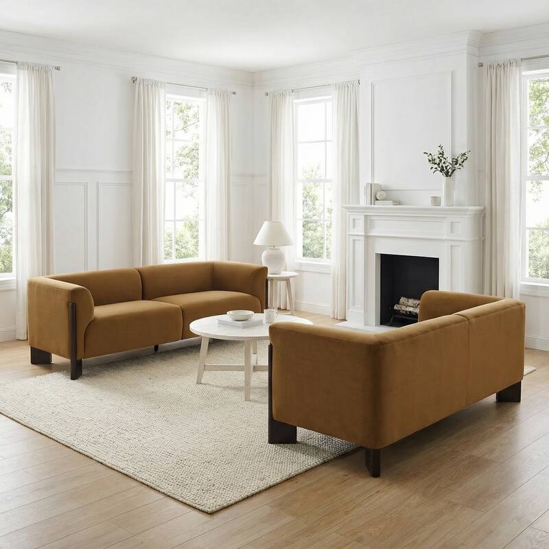 Upholstered Oversized Sofa Loveseat Set of 2 - Orange/Velvet