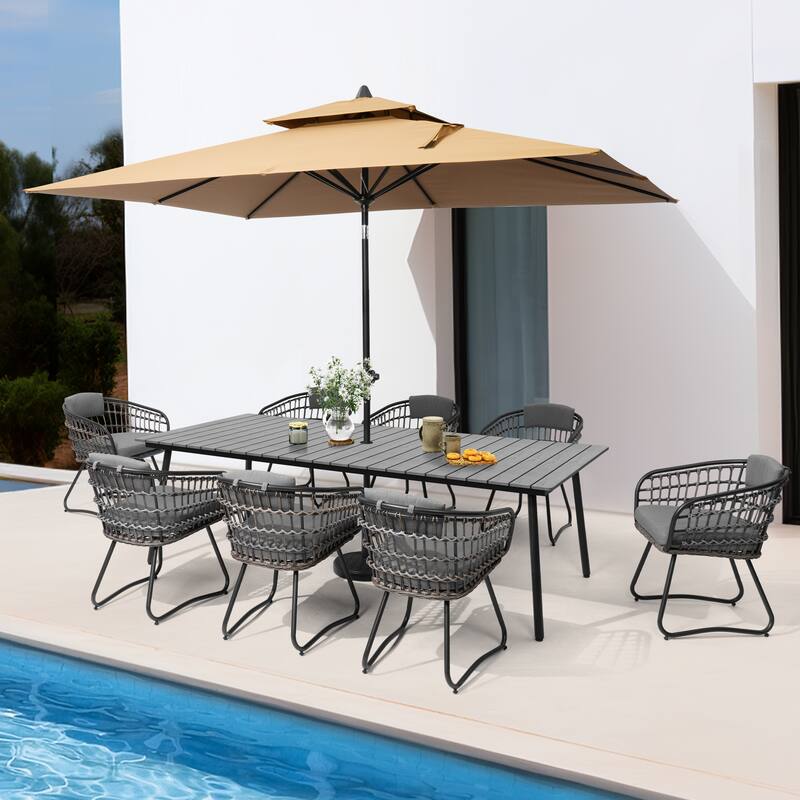 Outdoor 9PC- Patio Rectangular Aluminum Dining Table Sets with Umbrella Hole with Rattan Chair