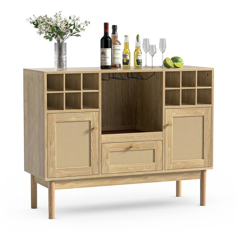 Anmytek Modern 2-Door Natural Oak Buffet Sideboard Wine Bar Cabinet with Drawer and Wine Rack - 43.3"W x 15.7"D x 34"H