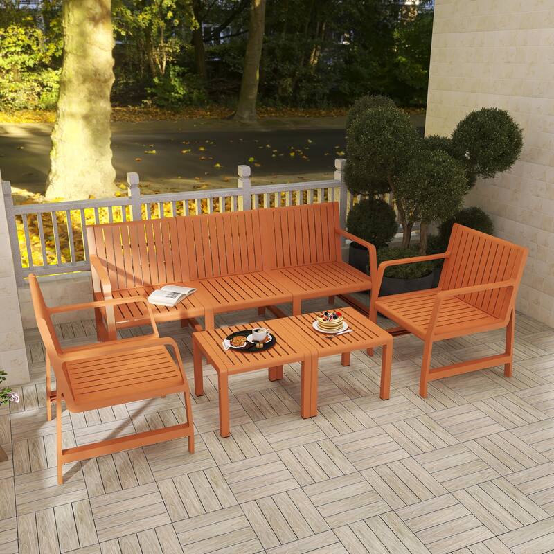 BNK Five-Piece Indoor/Outdoor PP Furniture Set, 3-Seater Sofa, 2 Chairs & 2 Coffee Tables, Easy Assembly Patio Conversation Set - Apricot Brown