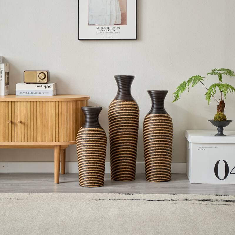 3-piece set of beige+black decorative floor vases, classic and neat floor vases with high independent flower racks