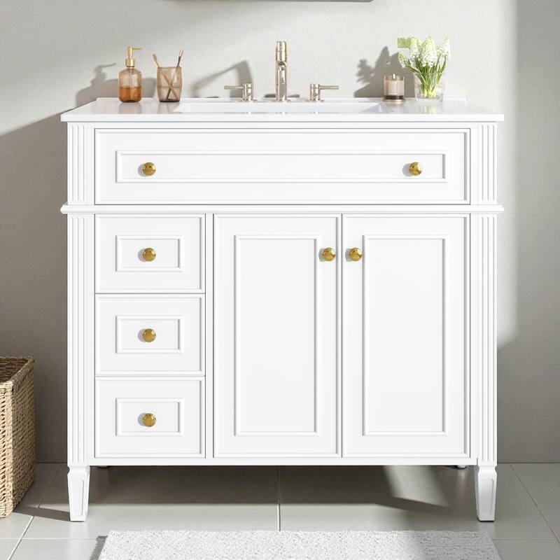 36" Freestanding Bathroom Vanity with Sink, Solid Wood Frame, 3 Drawers & 2 Soft-Close Doors, Gold Handles - White