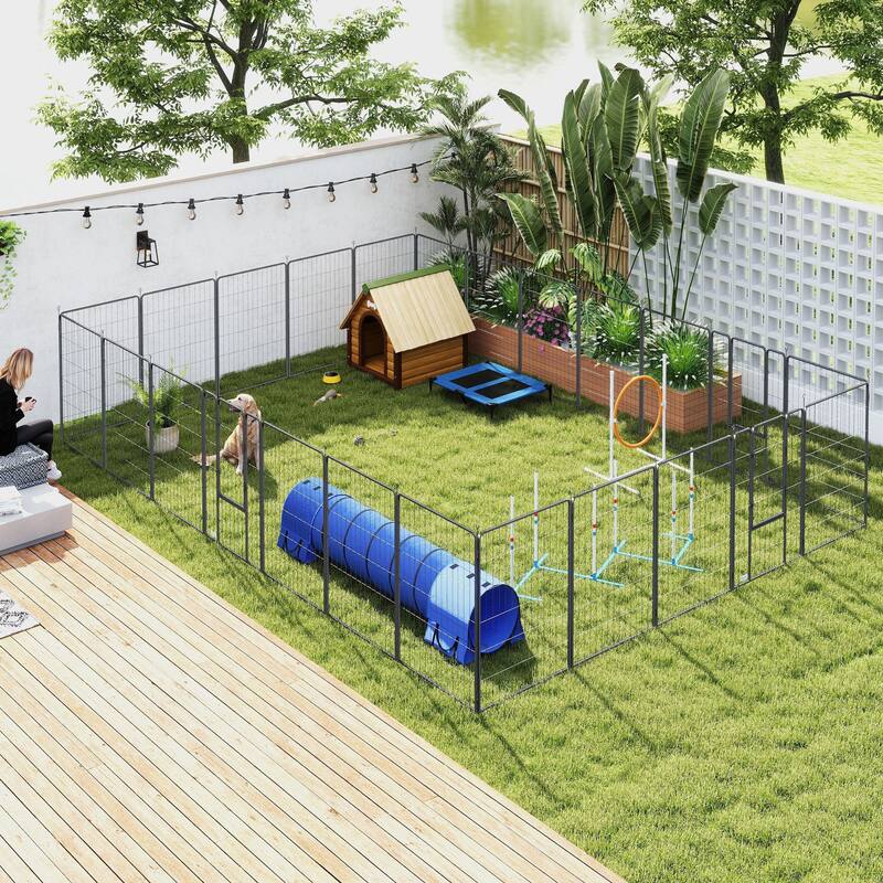 Black Steel 24-Panel Adjustable Pet Playpen with Doors and Ground Stakes - 220.5" L x 157.5" W x 44.5" H