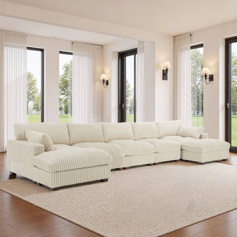 Plush Cotton Flannel Modular Sectional Sofa with 2 Ottomans - White
