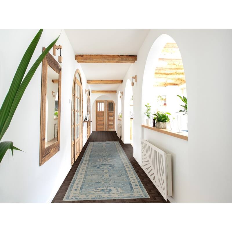 Hand Knotted Oriental 100% Wool Carpet Transitional Geometric Navy Blue & Blues Oushak Runner Rug - 14' 3'' X 2' 11''