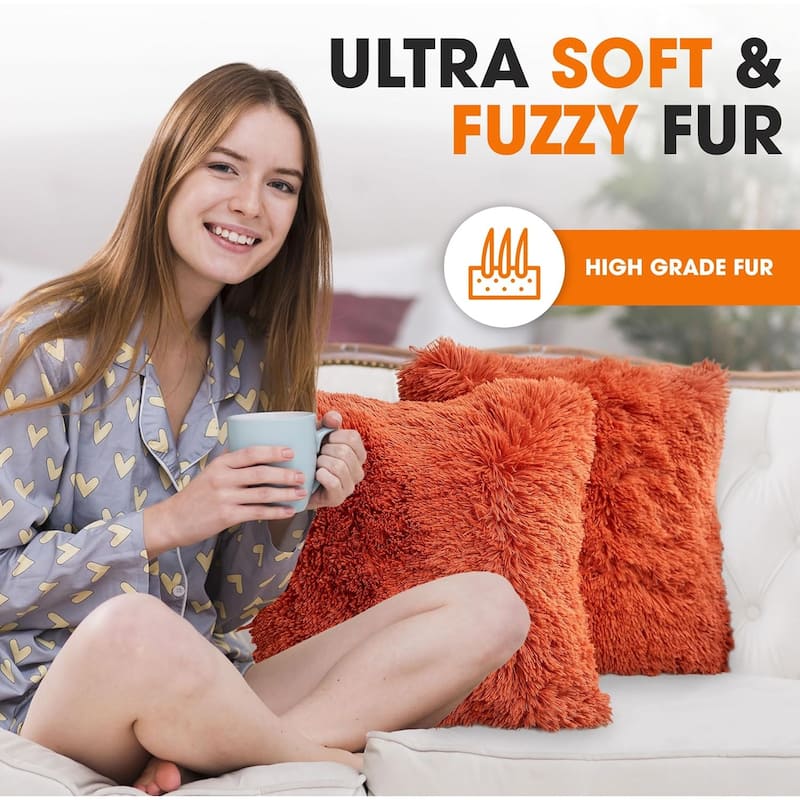 Cheer Collection Super Soft Shaggy Long Hair Throw Pillows Set of 2 Plush Accent Cushions