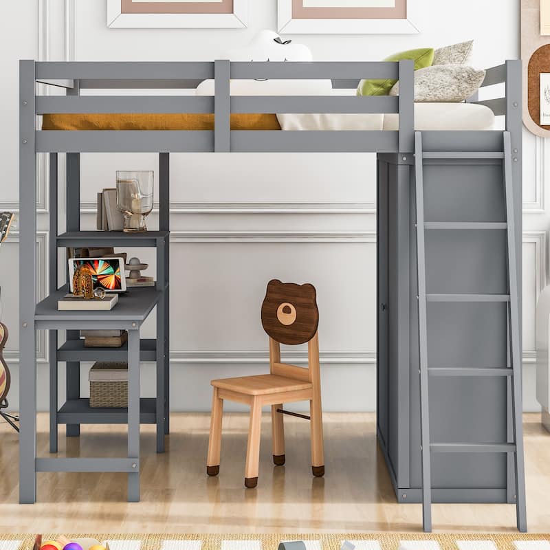 Full Size Loft Bed with Wardrobe and Desk and Shelves