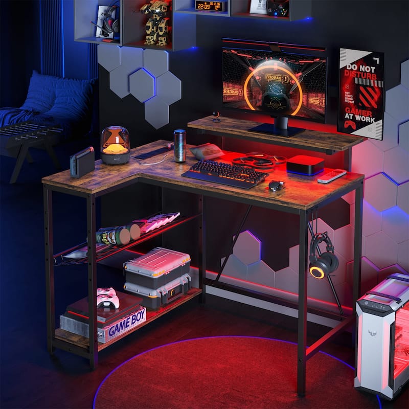 Bestier 42" Gaming Desk with Power Outlets, L-Shaped Desk with LED Lights and Reversible
