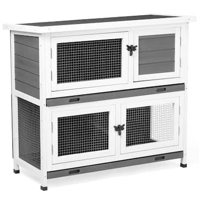 2 Story Solid Wood Rabbit Hutch Bunny Cage with 2 Large Main Rooms